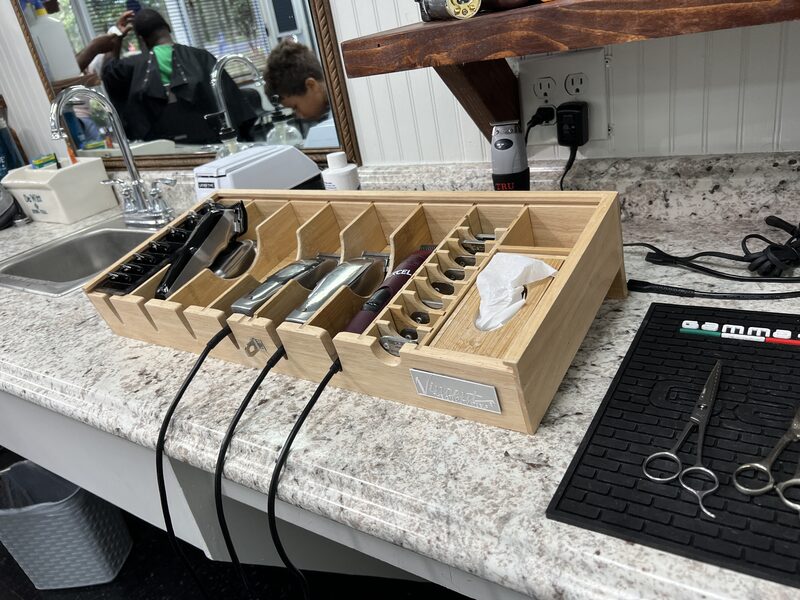 Shears and clippers laid out along the counter.